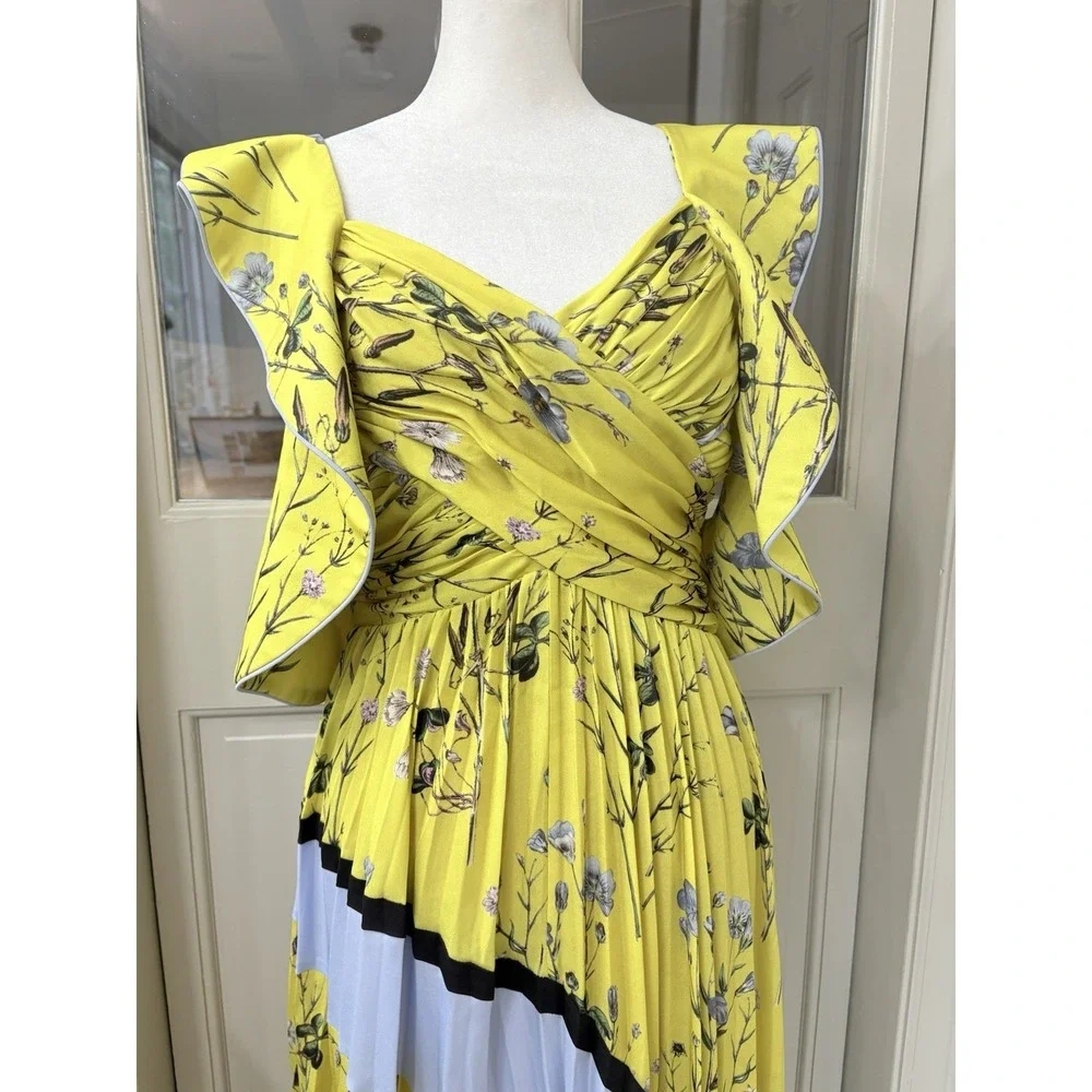 Self Portrait Womens Sleeveless Floral Pleated Asymmetrical Dress Yellow Size 10 - Picture 3 of 12